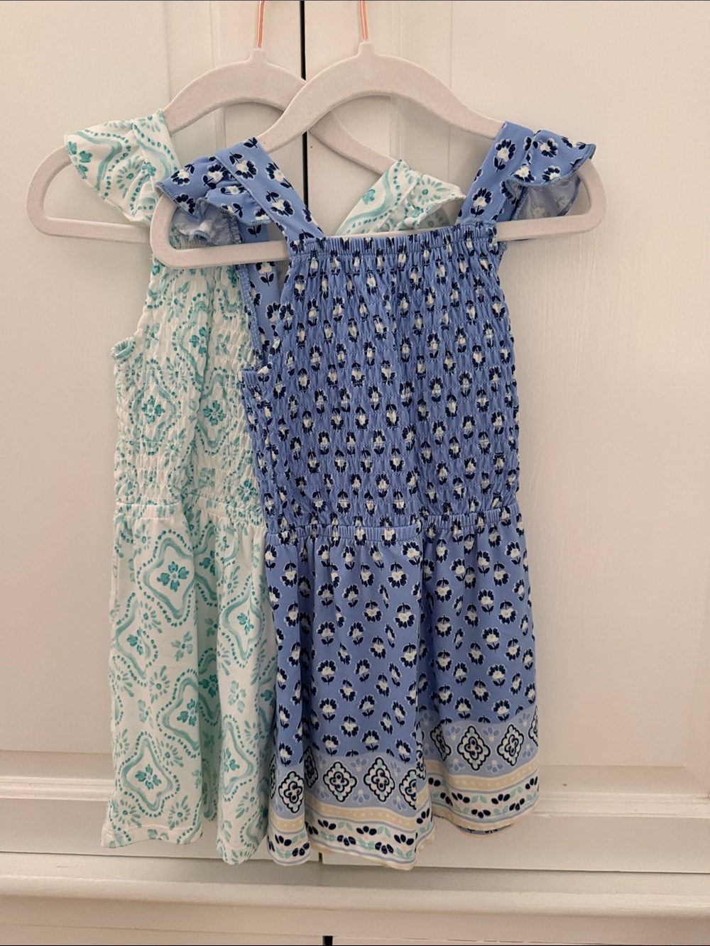 Girls' Blue Floral Smocked Rompers with Border Print